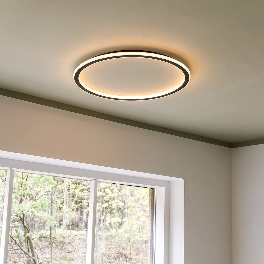 Tændt ringlampe på loftet ved siden af et hvidt sprossevindue med udsigt til grønne træer. 8