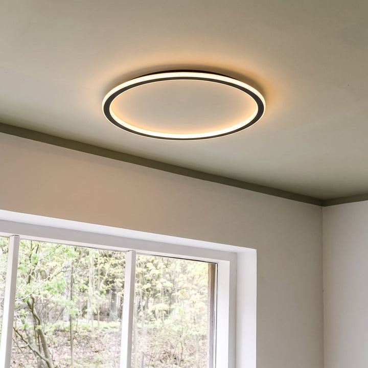 Tændt ringlampe på loftet ved siden af et hvidt sprossevindue med udsigt til grønne træer. 8