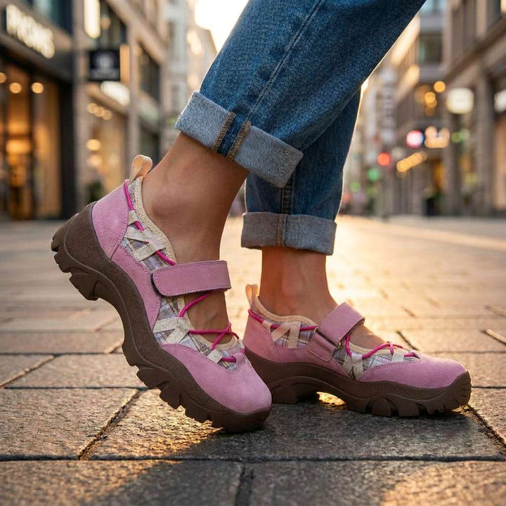 Lyserøde sko med pink snøre og brun sål, båret med oprullede jeans på brosten i en bygade. 9