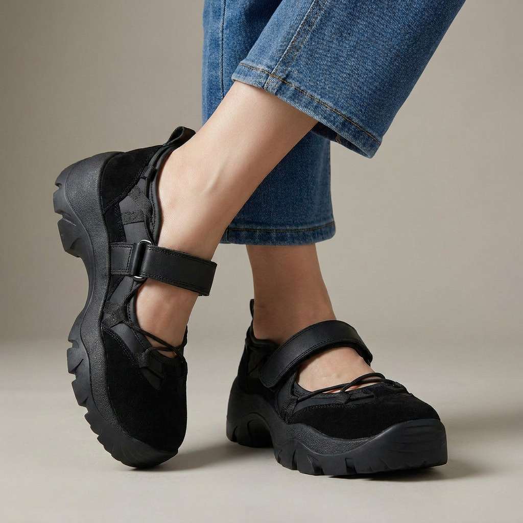 Helt sorte sko med velcrostrop og kraftig sål, båret med jeans på neutral studiebaggrund. 5