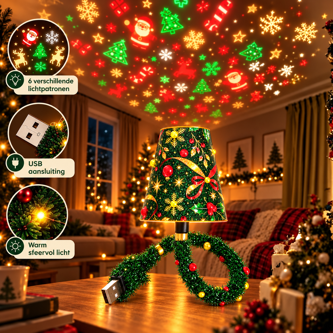 Lampen lyser på et sofabord i en julepyntet stue og kaster farverige julemotiver op på loftet, med tre detaljeudsnit. 2
