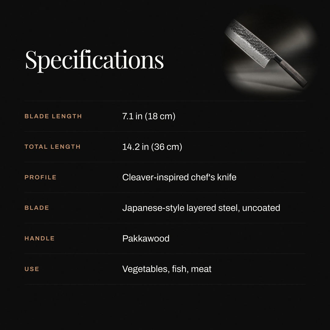 Grafik med knivens specifikationer opstillet som tabel på sort baggrund, med et lille billede af kniven øverst til højre. 4