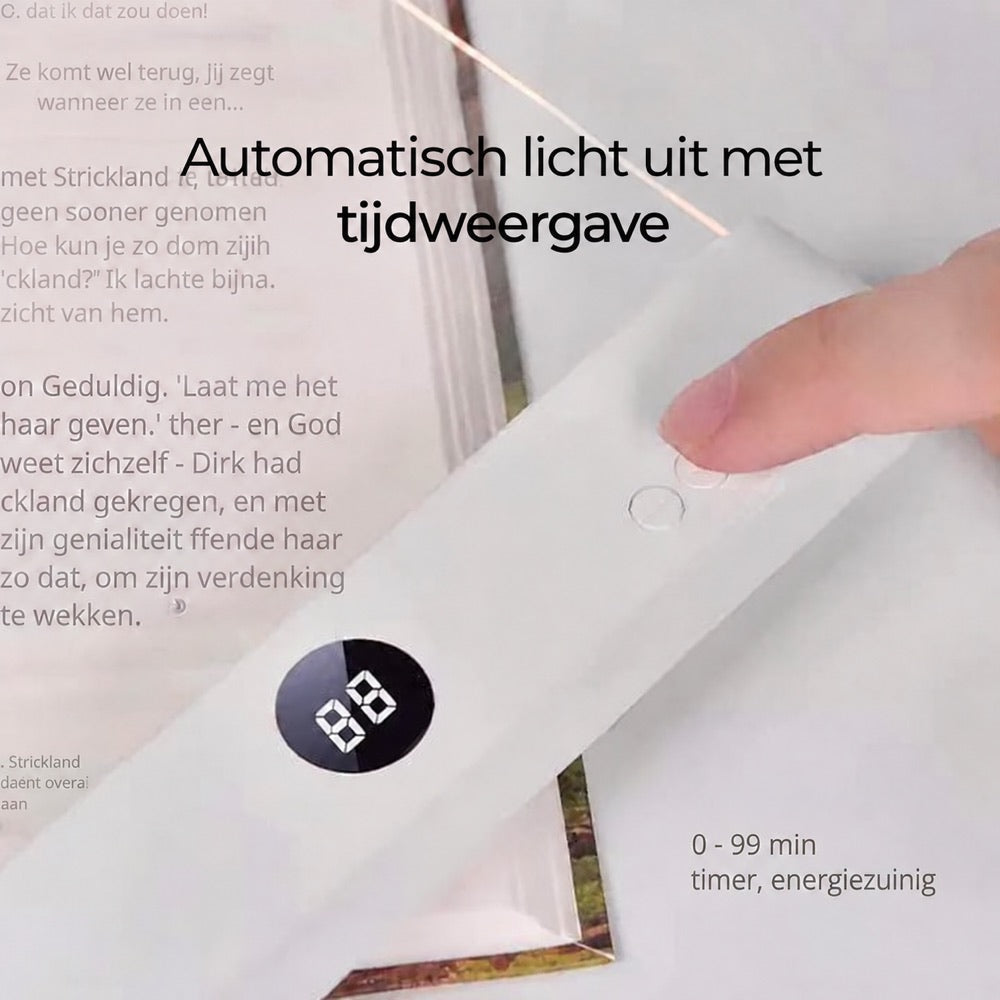 Finger trykker på timerknapperne ved displayet på lampen, som ligger på en åben bog 9