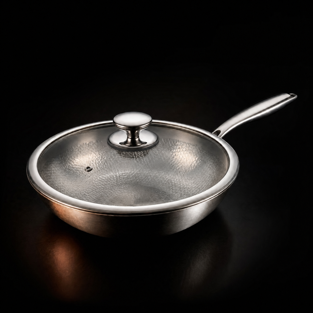 Wokpande med glaslåg på, set skråt fra siden på mørk baggrund, med blank metalknop og hamret mønster synligt gennem glasset. 4