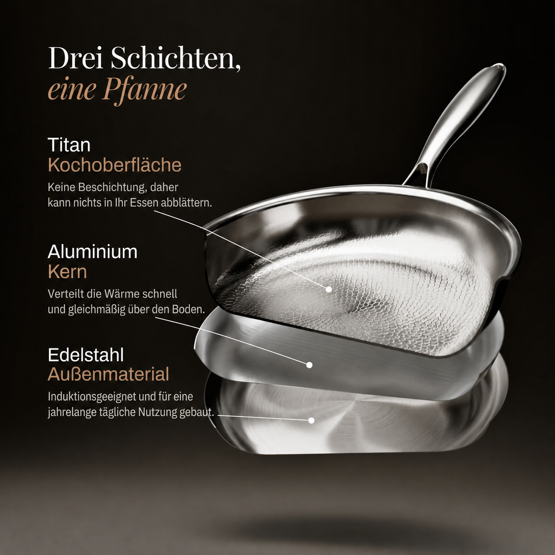 Opdelt illustration af panden i tre lag: titaniumoverflade indvendigt, aluminiumskerne i midten og rustfrit stål udvendigt, med forklarende tekst. 4