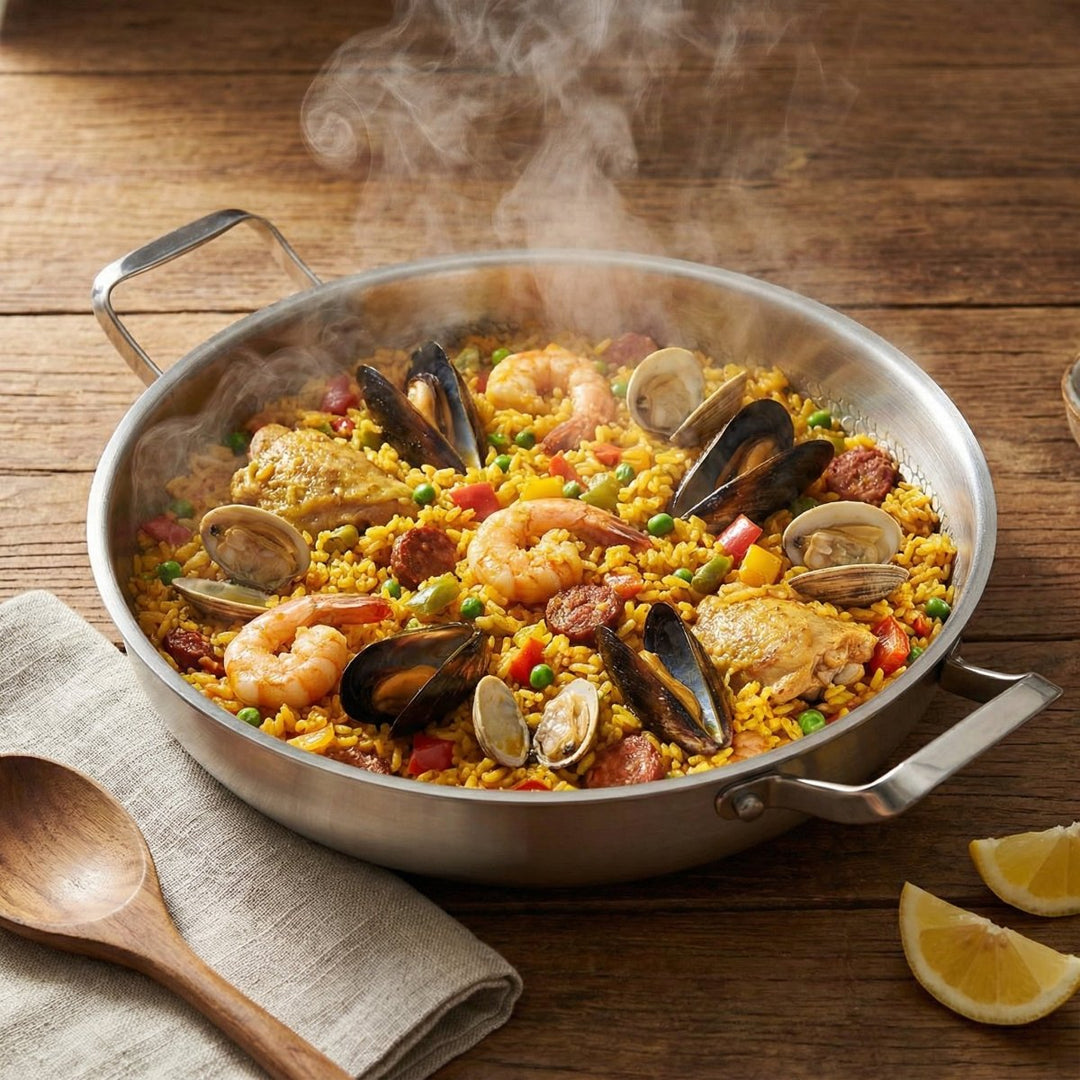 Pande fyldt med dampende paella med rejer, muslinger, kylling og pølse på et træbord med træske og citronbåde. 7
