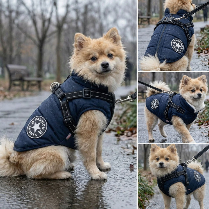 Collage af en lille lodden hund i marineblå jakke med sele på en regnvåd sti i parken. 6