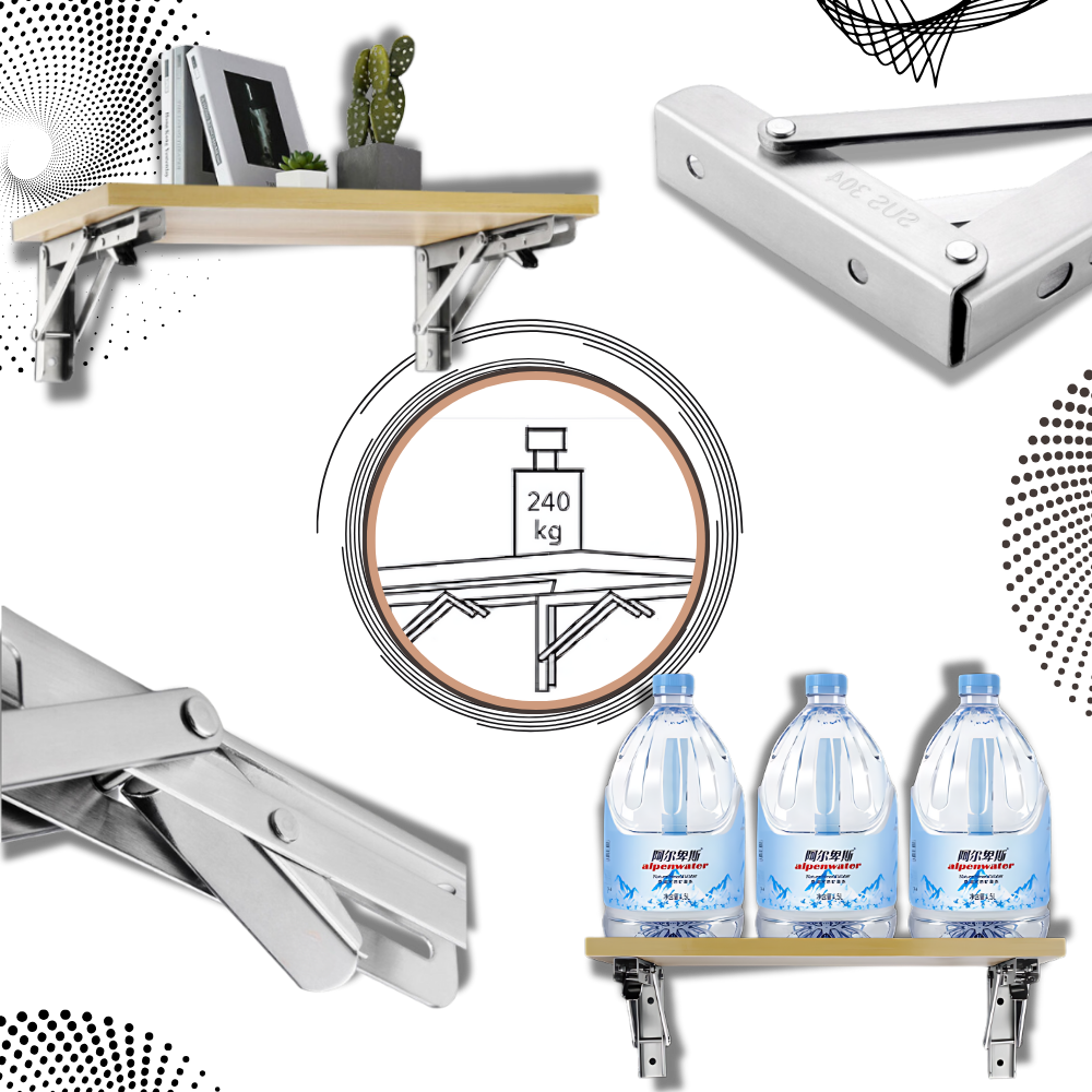 Collage af beslagene med hylde og bøger, nærbilleder af samlinger og tre vandflasker på hylden 1