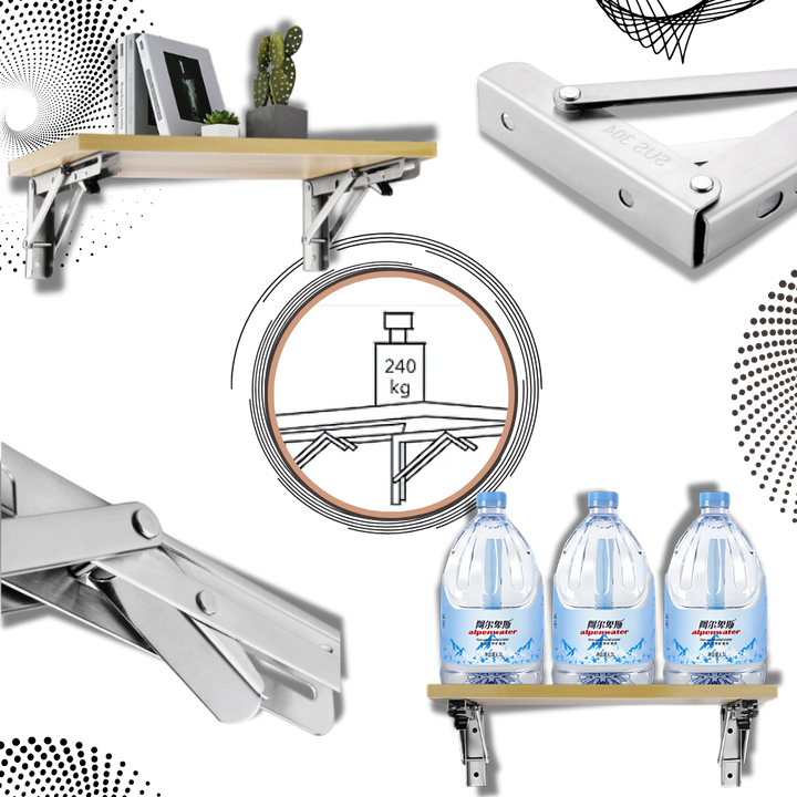 Collage af beslagene med hylde og bøger, nærbilleder af samlinger og tre vandflasker på hylden 1