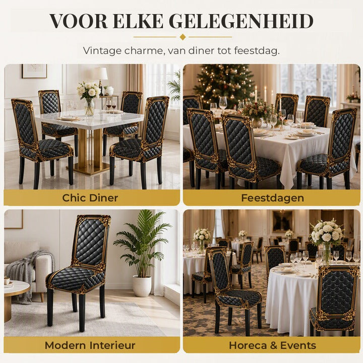 Fire billeder af stole med sort og guld betræk i forskellige rum: elegant middag, julebord, moderne stue og festlokale. 7